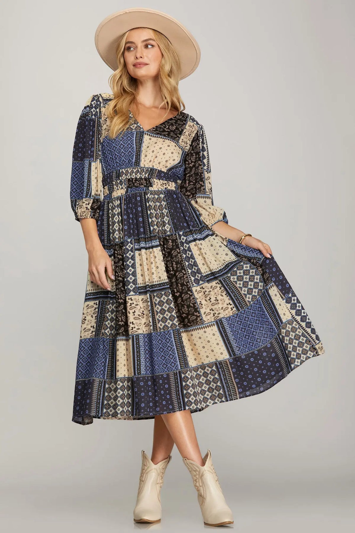 Blue Patchwork Midi